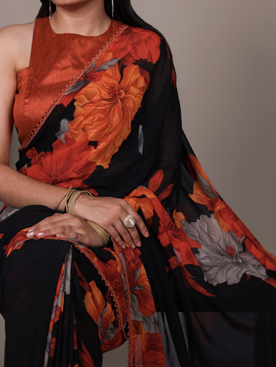 Rust Orange Weightless Marble Floral Printed Saree with Banglory Blouse