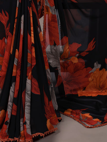 Rust Orange Weightless Marble Floral Printed Saree with Banglory Blouse