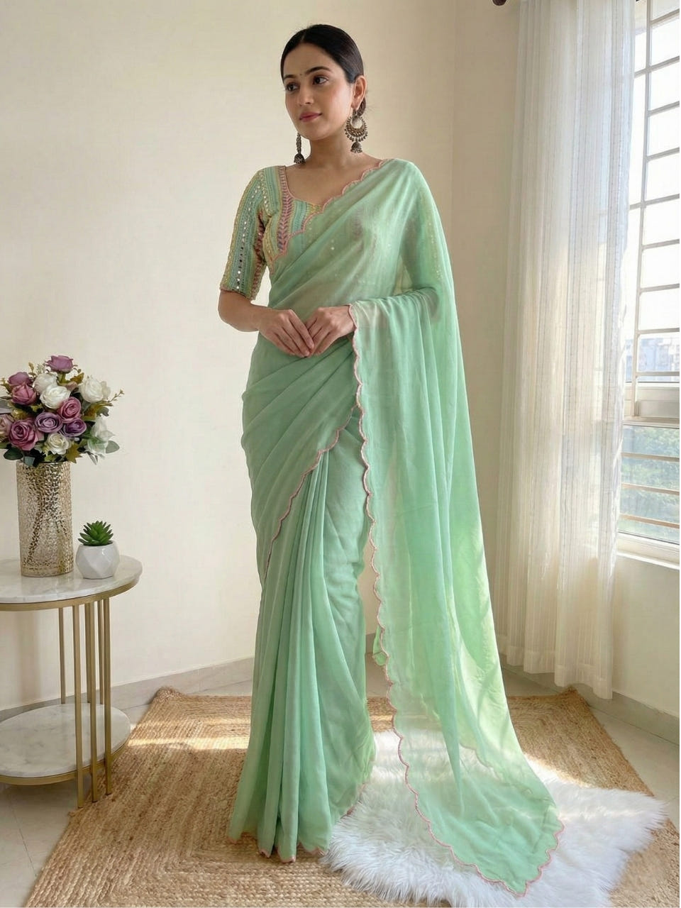 Sage Green Georgette Aari Embroidery Border Saree with Work Blouse