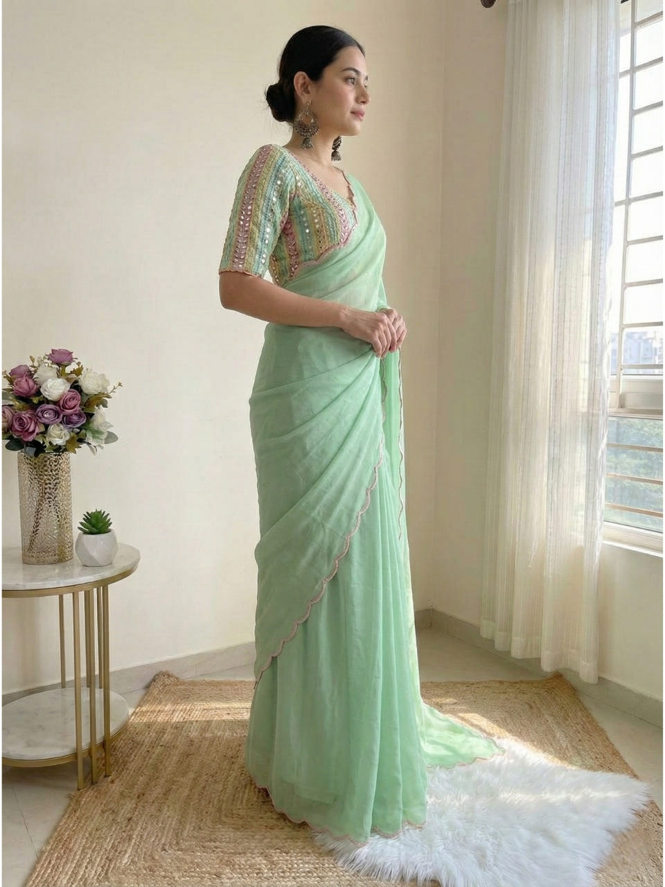 Sage Green Georgette Aari Embroidery Border Saree with Work Blouse