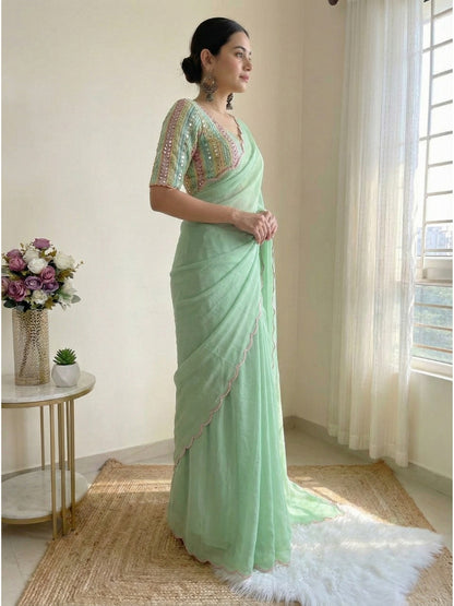 Sage Green Georgette Aari Embroidery Border Saree with Work Blouse
