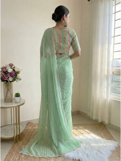 Sage Green Georgette Aari Embroidery Border Saree with Work Blouse