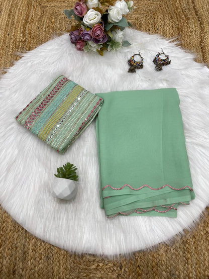 Sage Green Georgette Aari Embroidery Border Saree with Work Blouse