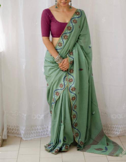 Sage Green Soft Mulmul Cotton Digital Print Saree with Banglori Blouse