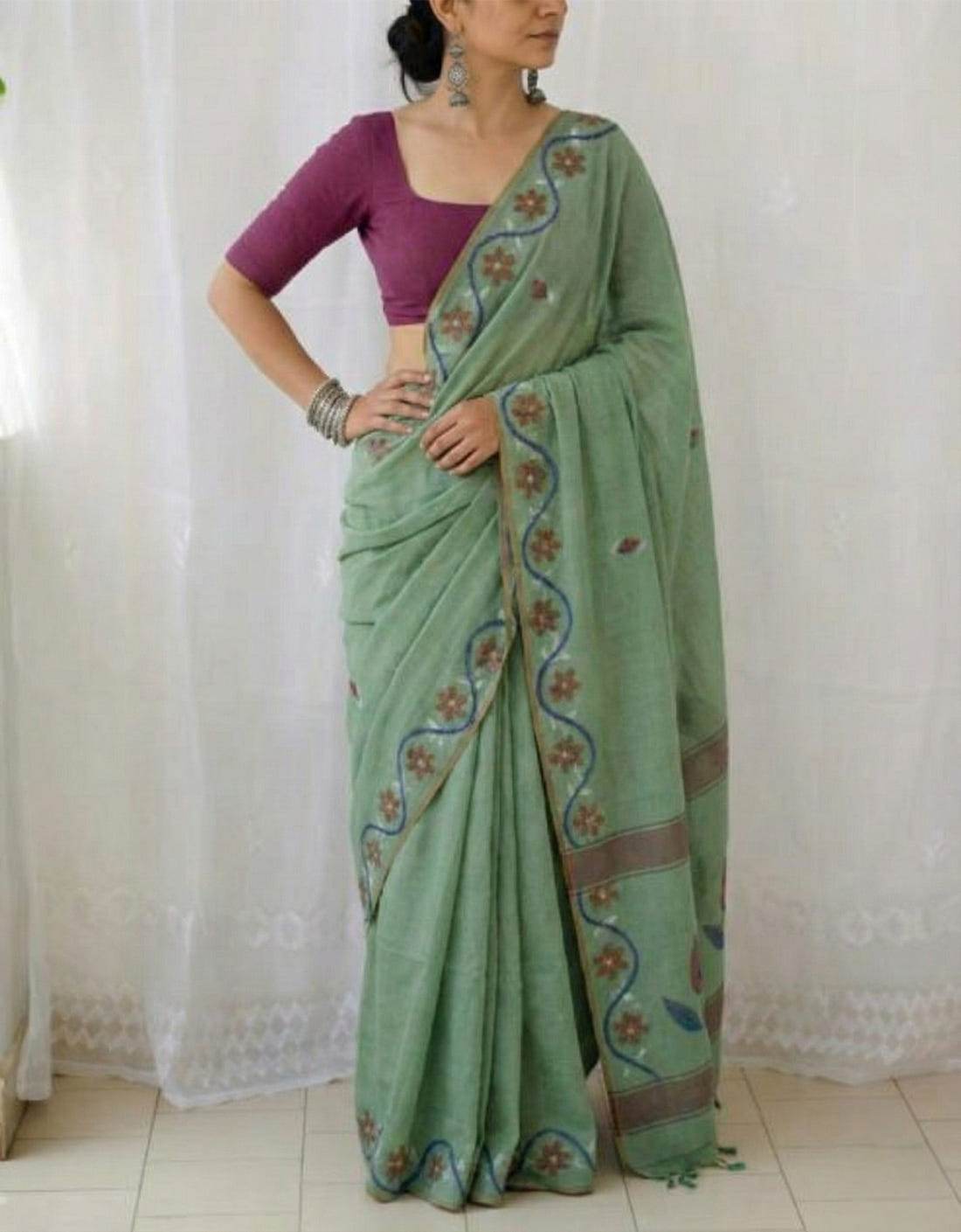 Sage Green Soft Mulmul Cotton Digital Print Saree with Banglori Blouse