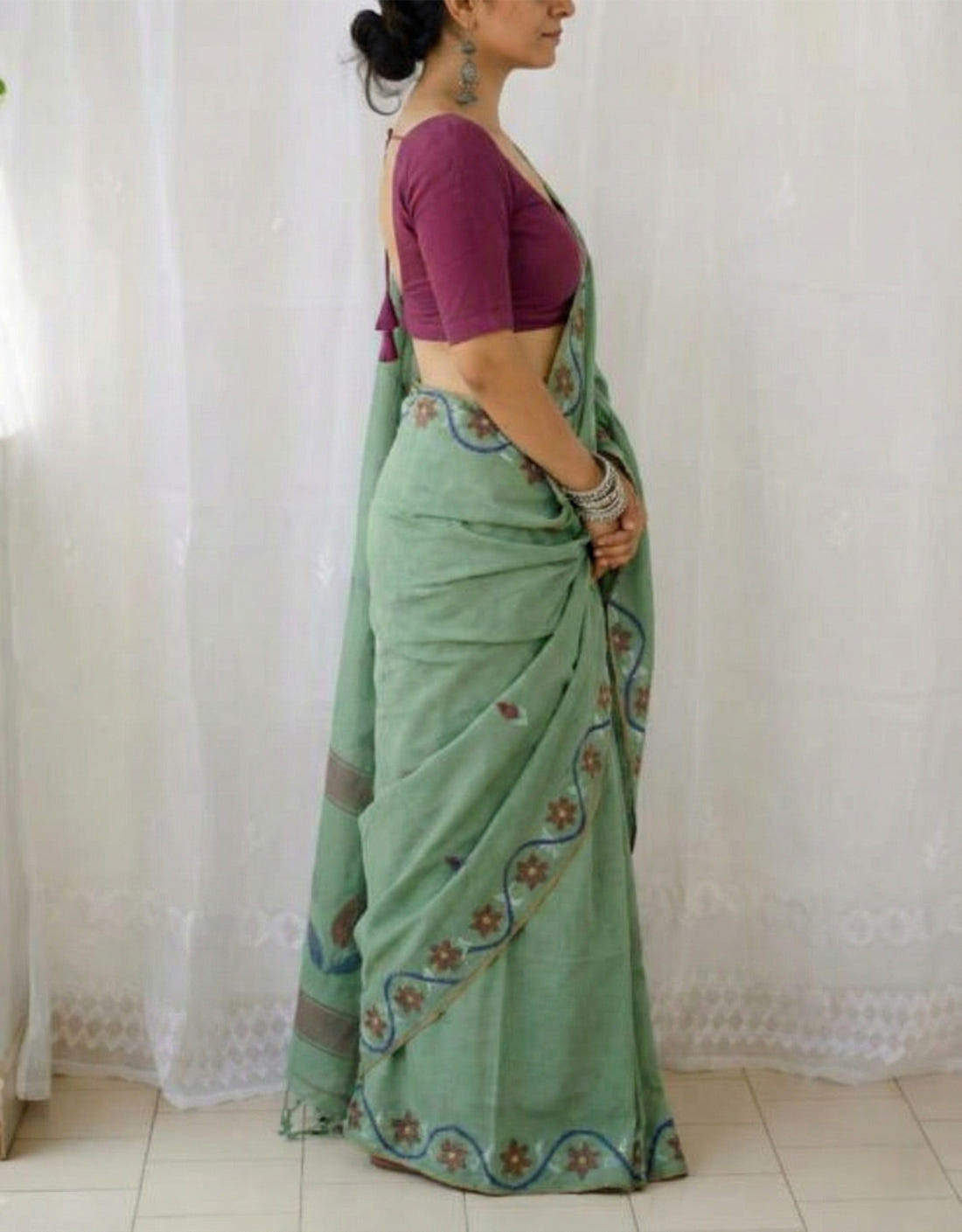 Sage Green Soft Mulmul Cotton Digital Print Saree with Banglori Blouse