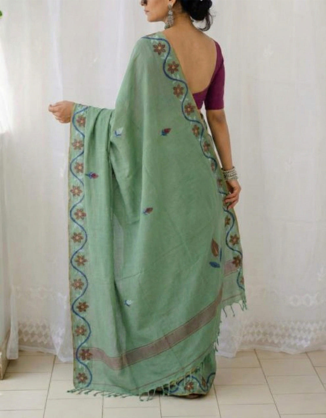 Sage Green Soft Mulmul Cotton Digital Print Saree with Banglori Blouse