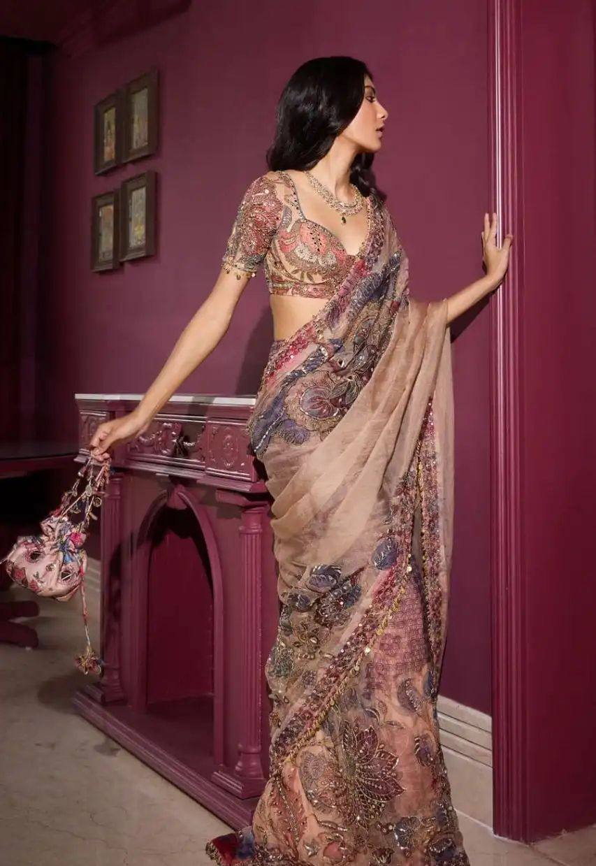 Sand Celebrity Tebi Silk Digital Print Saree with Embroidery Sequins Lace Border