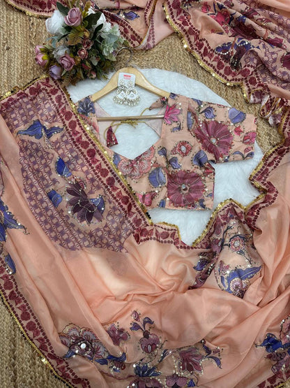 Sand Celebrity Tebi Silk Digital Print Saree with Embroidery Sequins Lace Border