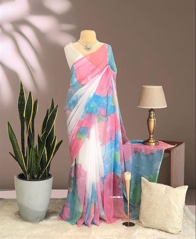 Saree For Holi Festival in Pink Georgette Digital Print and Blouse 