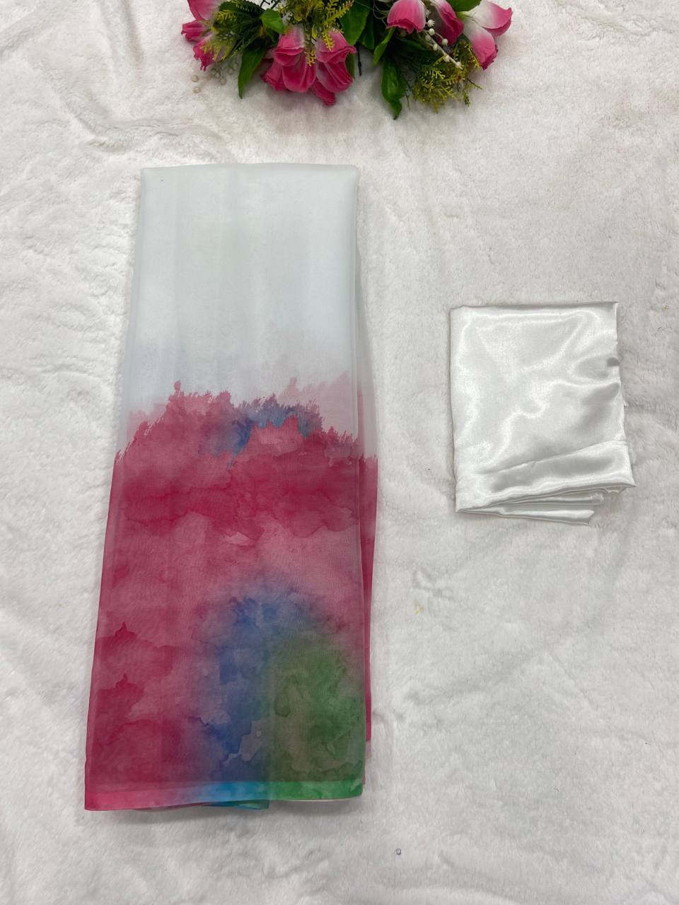 Saree For Holi Festival in Pink Georgette Digital Print and Blouse 