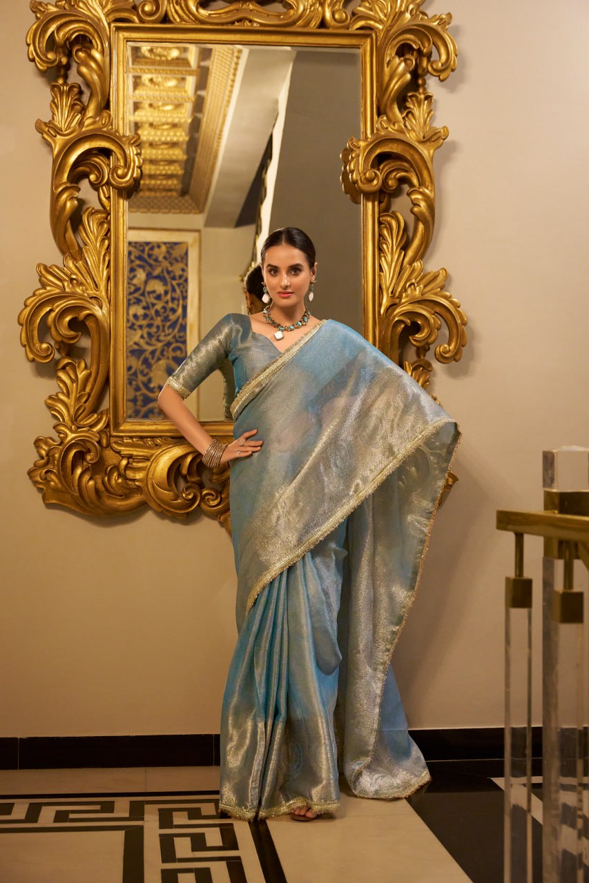 Sea Blue Tissue Shimmer Saree with Zari Weaving & Sequins Lace Border