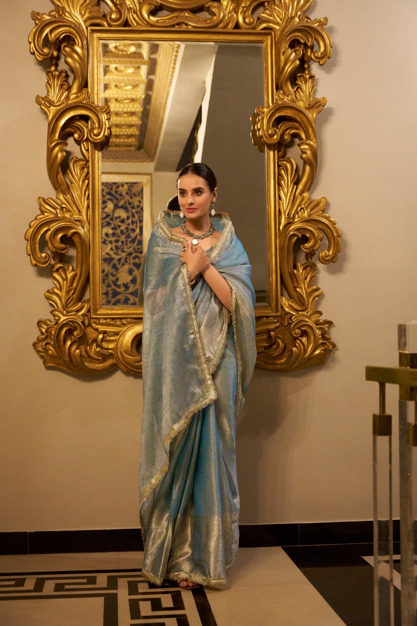 Sea Blue Tissue Shimmer Saree with Zari Weaving & Sequins Lace Border