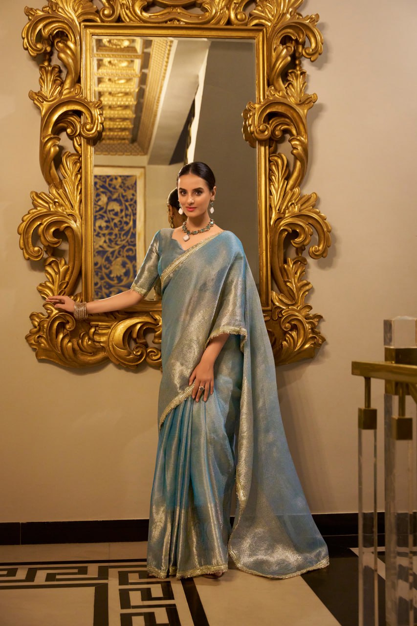 Sea Blue Tissue Shimmer Saree with Zari Weaving & Sequins Lace Border
