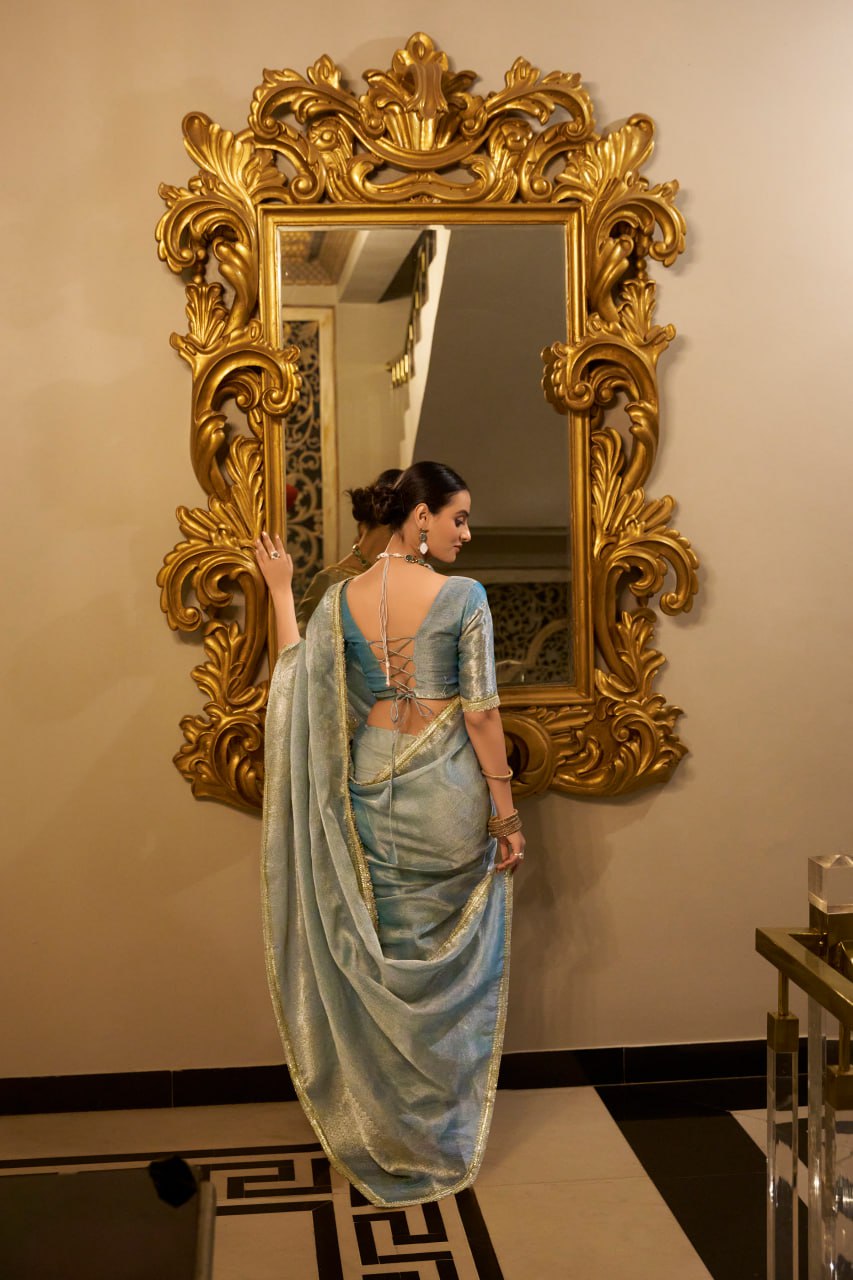 Sea Blue Tissue Shimmer Saree with Zari Weaving & Sequins Lace Border