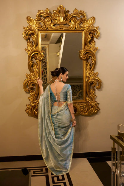Sea Blue Tissue Shimmer Saree with Zari Weaving & Sequins Lace Border
