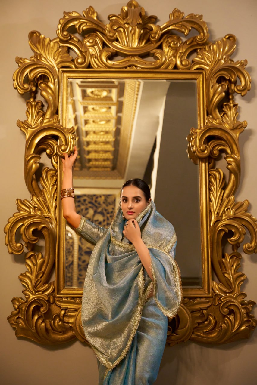 Sea Blue Tissue Shimmer Saree with Zari Weaving & Sequins Lace Border