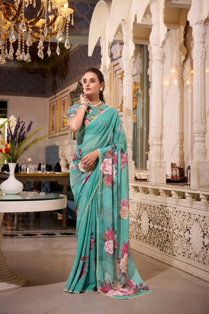 Sea Green Georgette Floral Print Saree with Pearl Lace Border