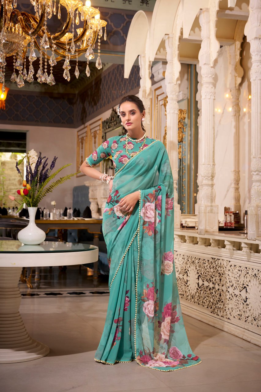 Sea Green Georgette Floral Print Saree with Pearl Lace Border