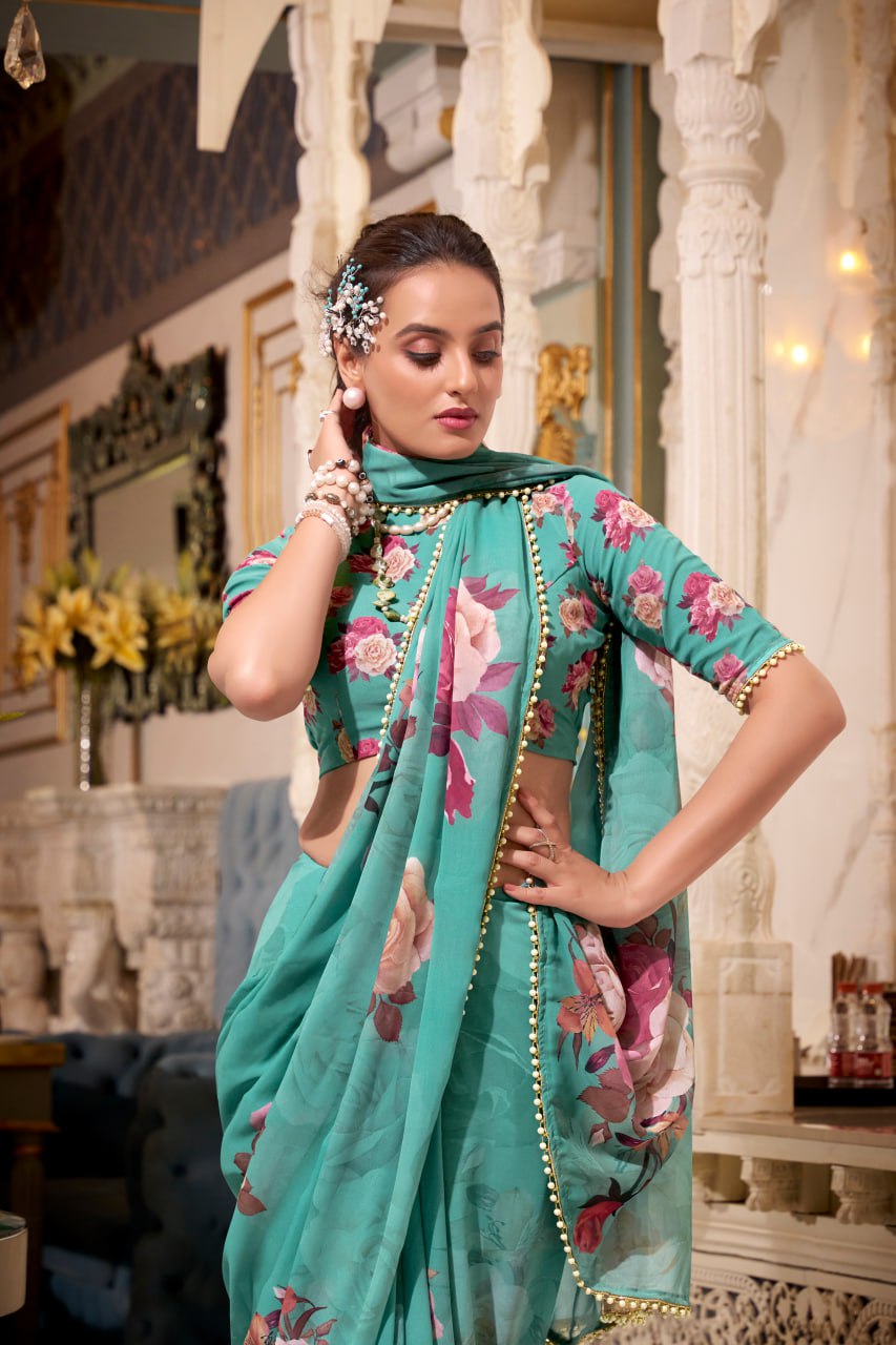 Sea Green Georgette Floral Print Saree with Pearl Lace Border