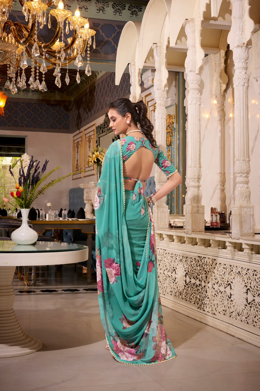 Sea Green Georgette Floral Print Saree with Pearl Lace Border