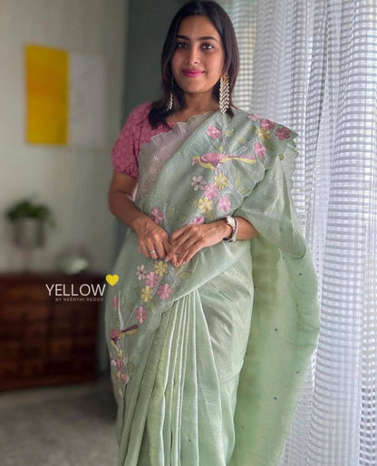 Sea Green Gold Crush Silk Saree with Embroidery Border Banglori Blouse