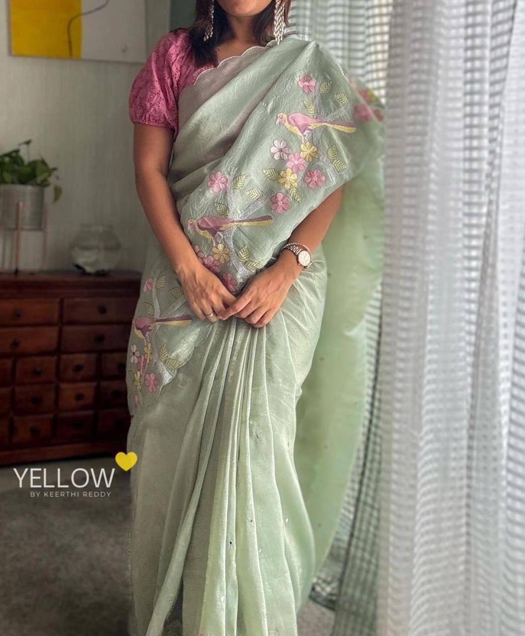 Sea Green Gold Crush Silk Saree with Embroidery Border Banglori Blouse