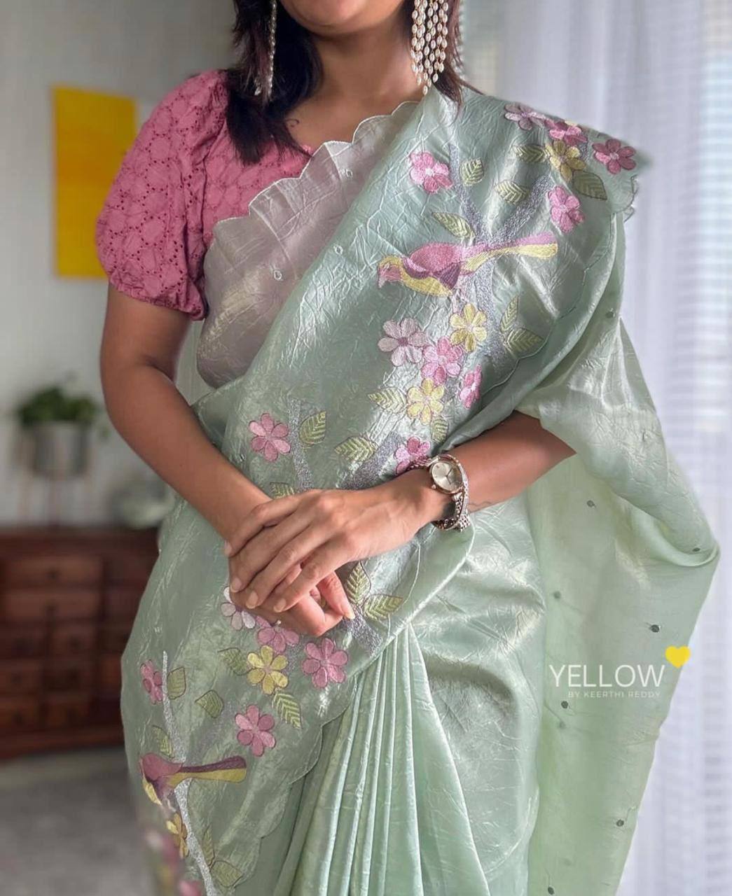 Sea Green Gold Crush Silk Saree with Embroidery Border Banglori Blouse