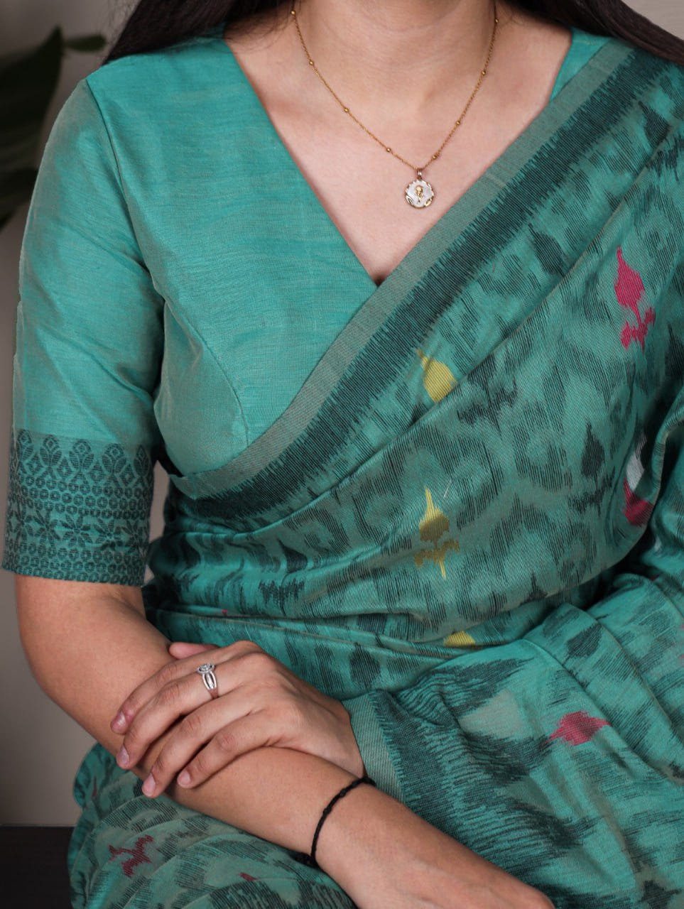 Sea Green Soft Poly Cotton Printed Saree with Thread Weaving