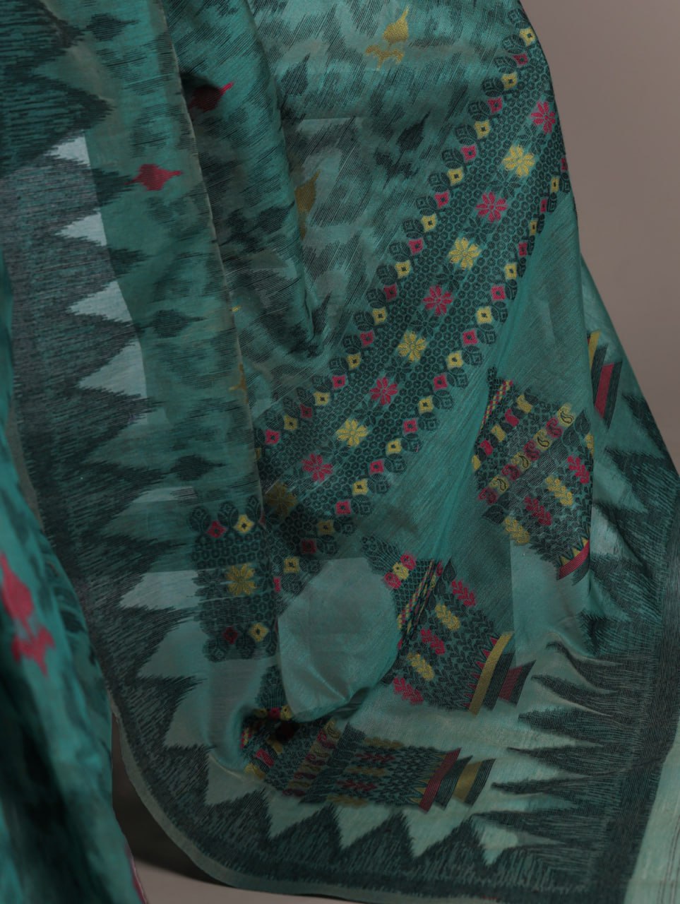 Sea Green Soft Poly Cotton Printed Saree with Thread Weaving