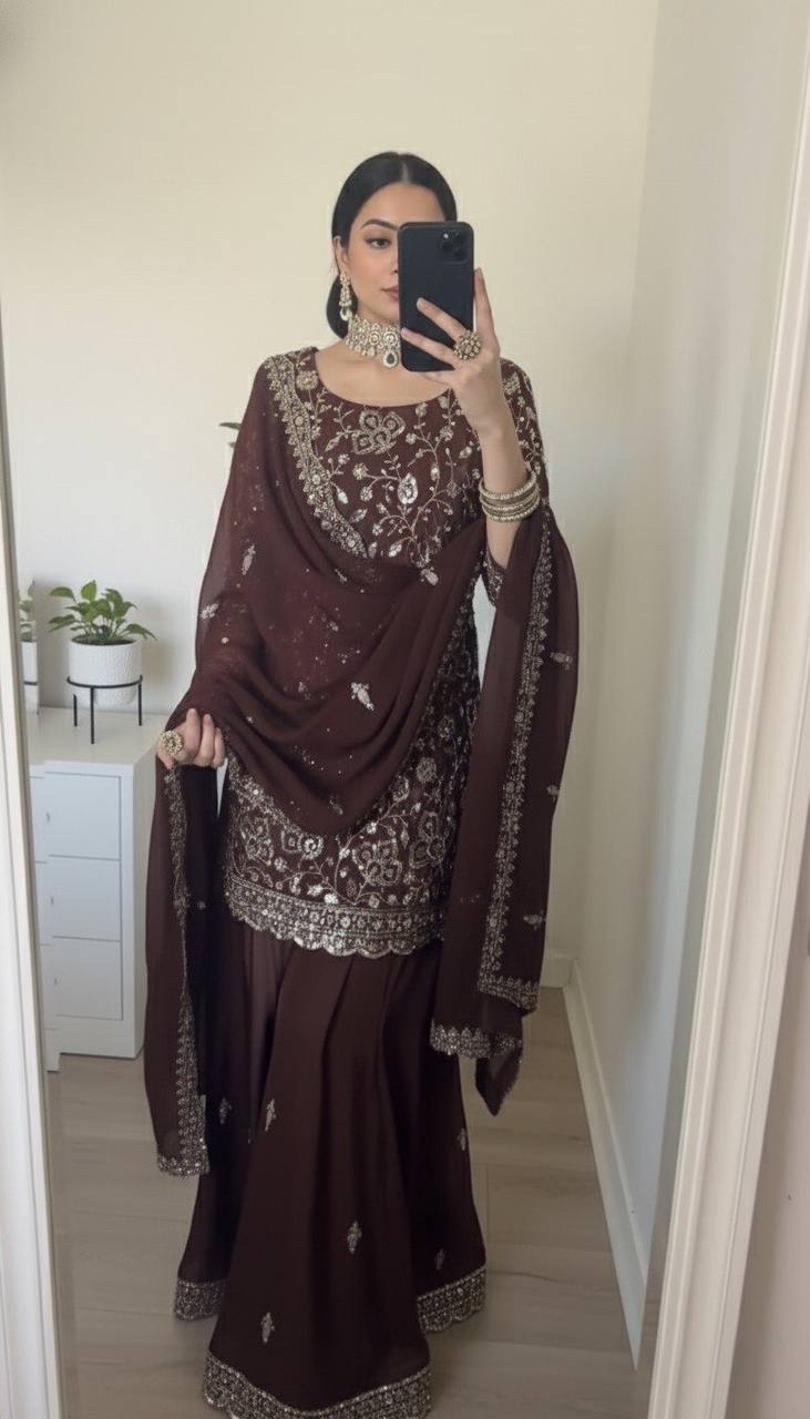 Seal Brown Designer Georgette Sharara Suit and Dupatta For Party Wear
