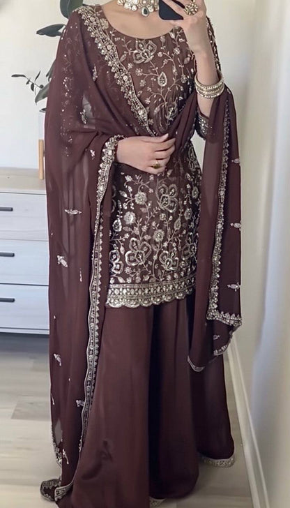 Seal Brown Designer Georgette Sharara Suit and Dupatta For Party Wear
