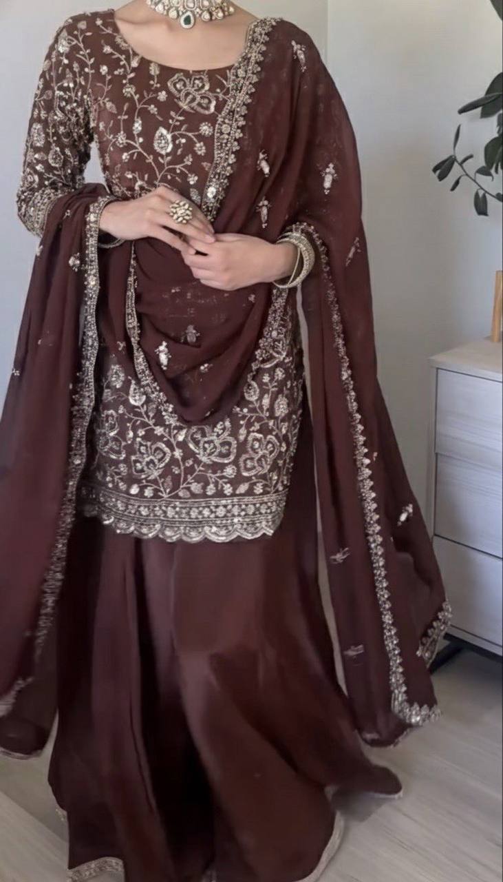 Seal Brown Designer Georgette Sharara Suit and Dupatta For Party Wear