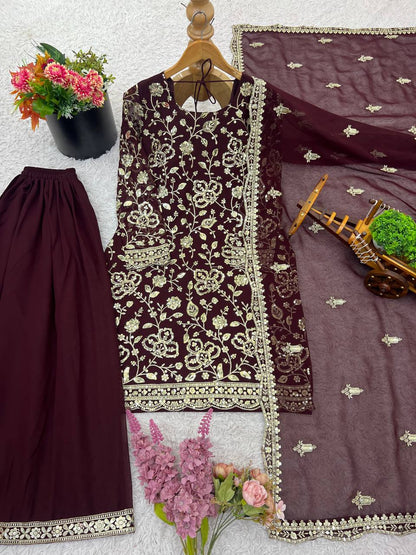 Seal Brown Designer Georgette Sharara Suit and Dupatta For Party Wear