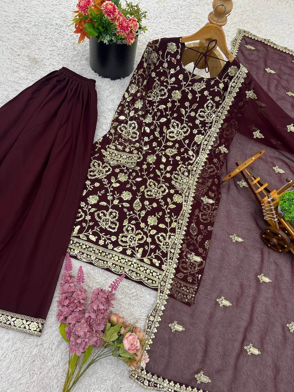 Seal Brown Designer Georgette Sharara Suit and Dupatta For Party Wear