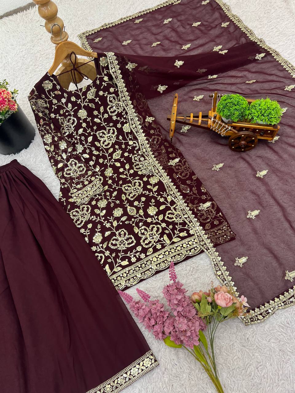 Seal Brown Designer Georgette Sharara Suit and Dupatta For Party Wear