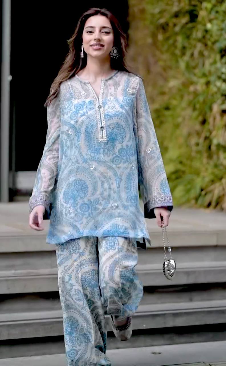 Sky Blue Designer Chiffon Georgette Farshi Palazzo with Top and Dupatta