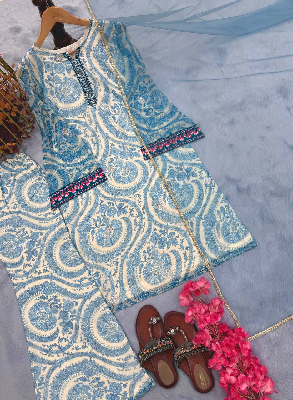 Sky Blue Designer Chiffon Georgette Farshi Palazzo with Top and Dupatta