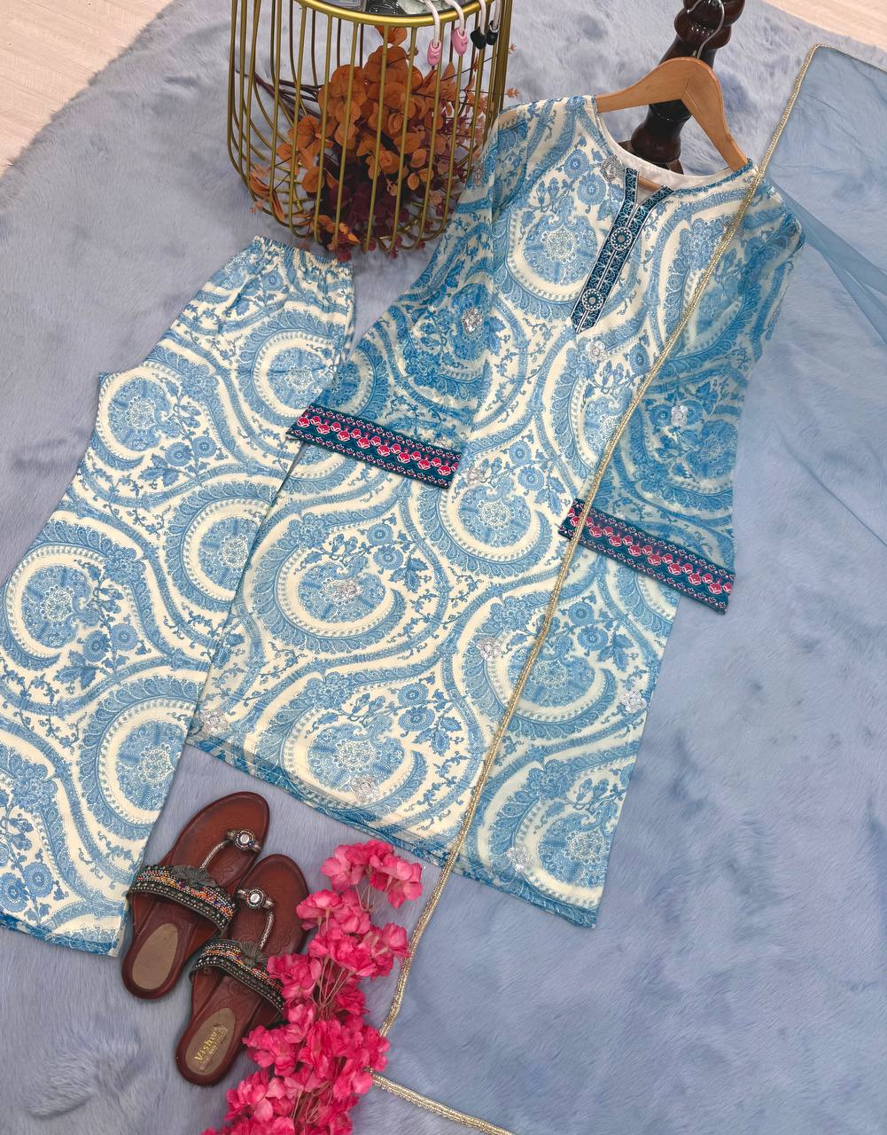 Sky Blue Designer Chiffon Georgette Farshi Palazzo with Top and Dupatta