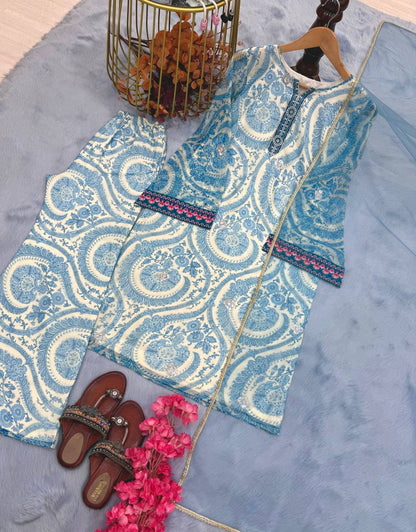 Sky Blue Designer Chiffon Georgette Farshi Palazzo with Top and Dupatta