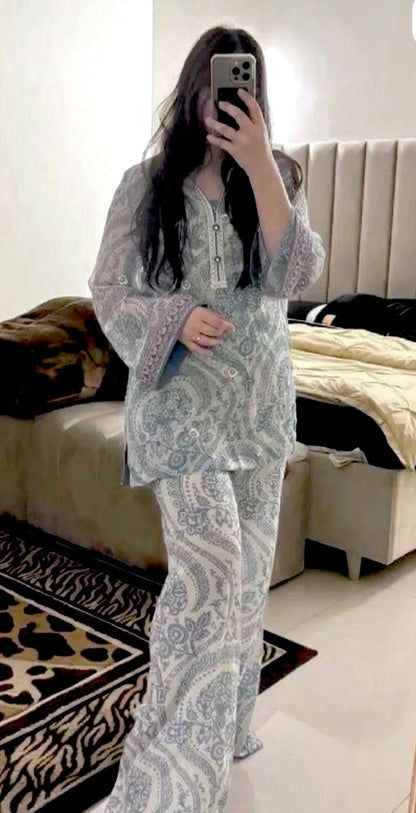 Sky Blue Designer Chiffon Georgette Farshi Palazzo with Top and Dupatta