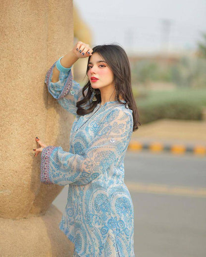 Sky Blue Designer Chiffon Georgette Farshi Palazzo with Top and Dupatta