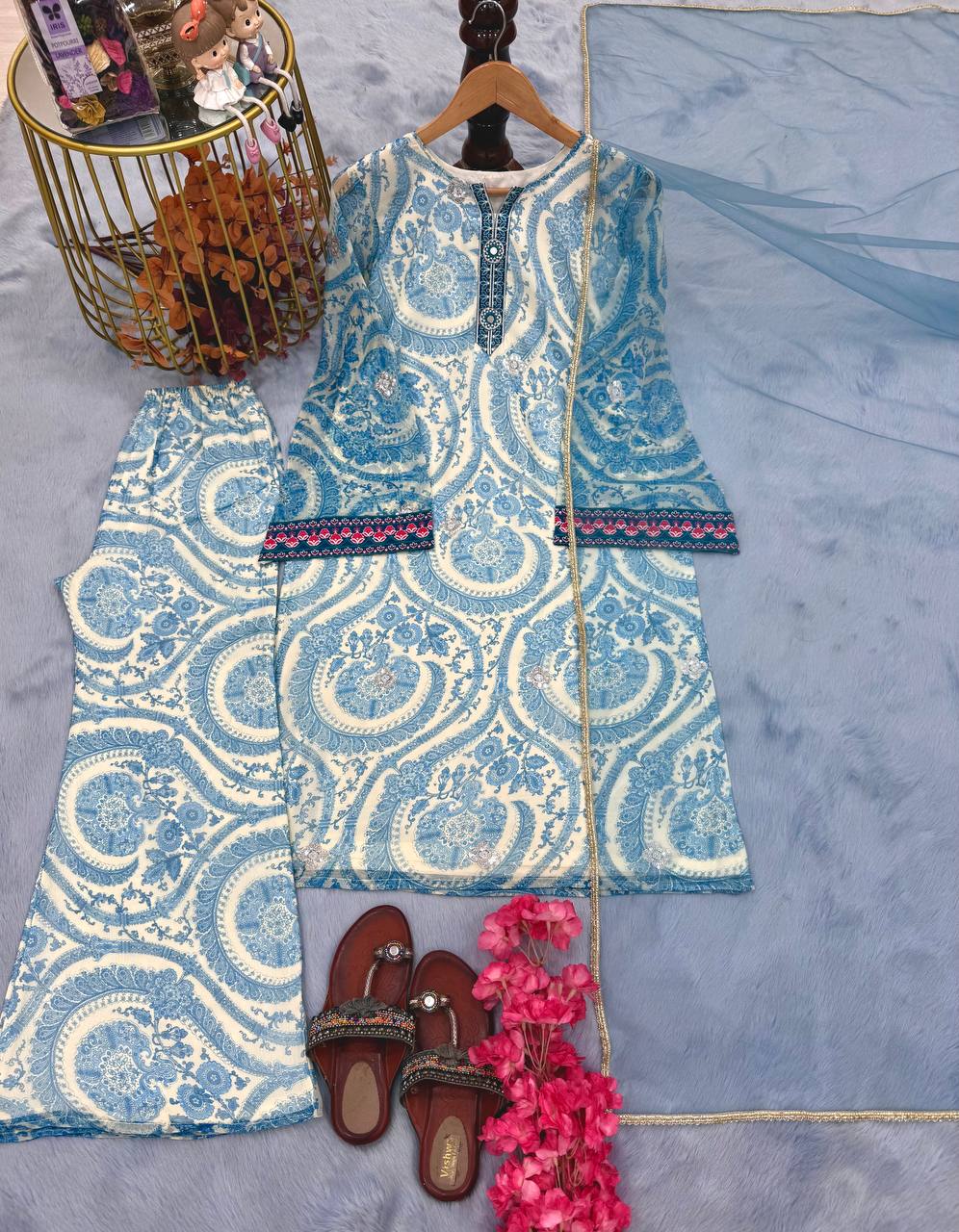 Sky Blue Designer Chiffon Georgette Farshi Palazzo with Top and Dupatta