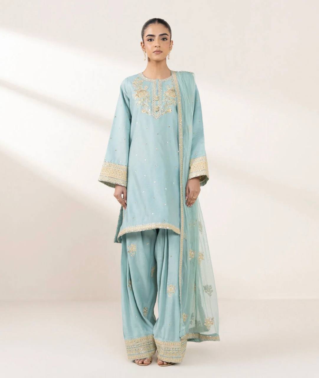 Sky Blue Designer Chinnon Silk Embroidery Top Pant Tissue Dupatta Set