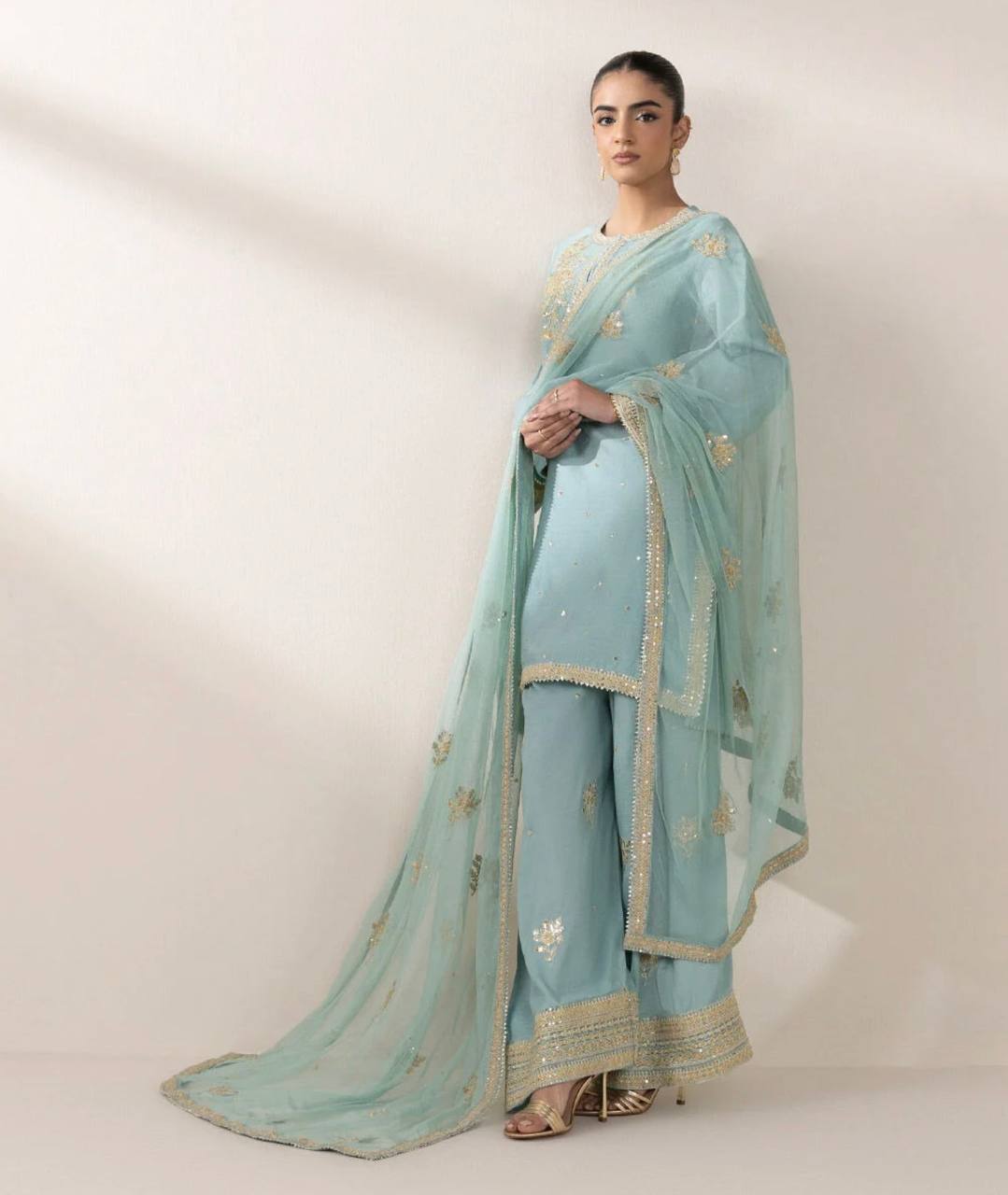 Sky Blue Designer Chinnon Silk Embroidery Top Pant Tissue Dupatta Set