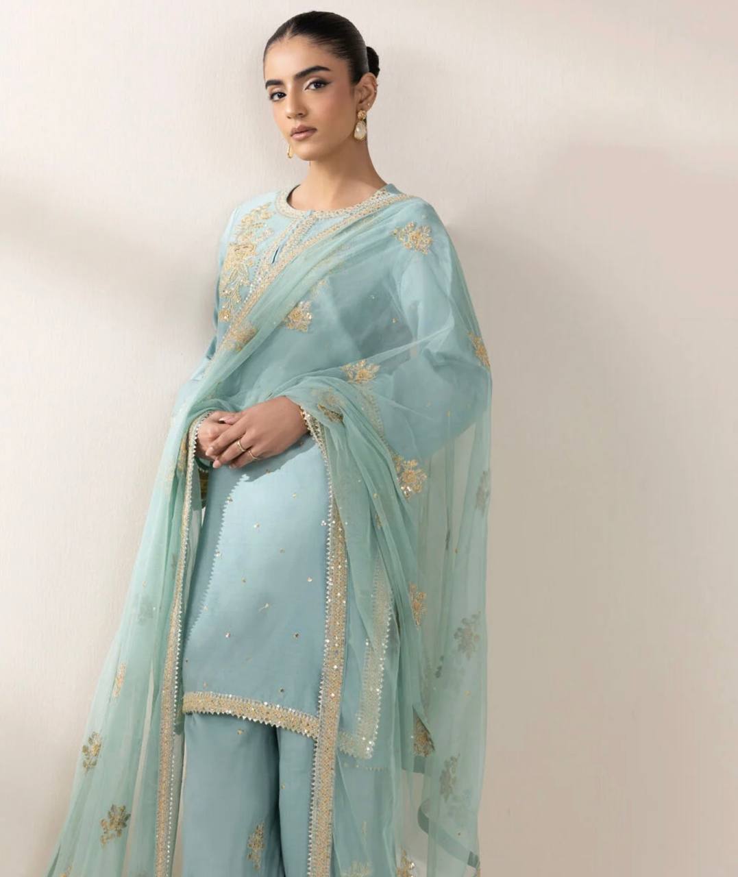 Sky Blue Designer Chinnon Silk Embroidery Top Pant Tissue Dupatta Set