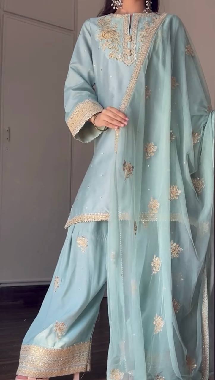 Sky Blue Designer Chinnon Silk Embroidery Top Pant Tissue Dupatta Set
