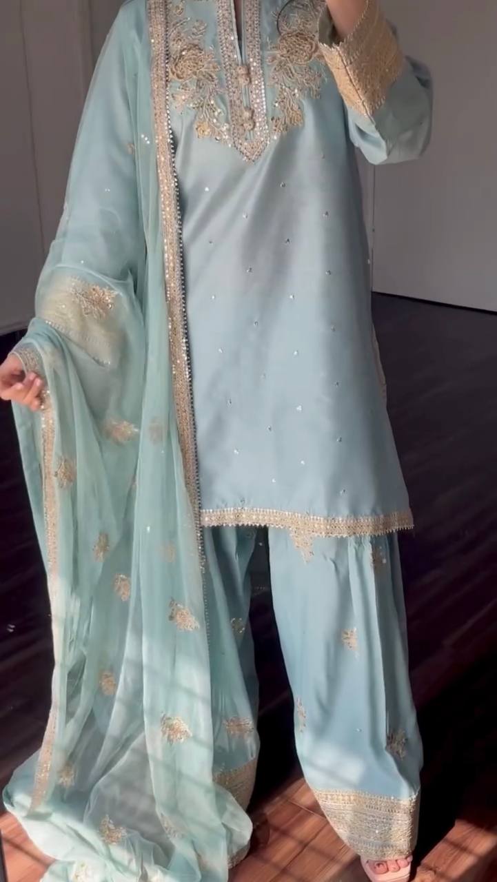 Sky Blue Designer Chinnon Silk Embroidery Top Pant Tissue Dupatta Set