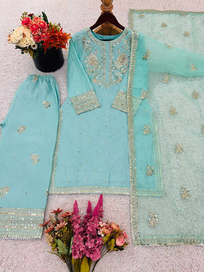 Sky Blue Designer Chinnon Silk Embroidery Top Pant Tissue Dupatta Set