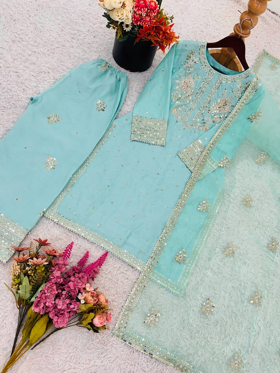 Sky Blue Designer Chinnon Silk Embroidery Top Pant Tissue Dupatta Set